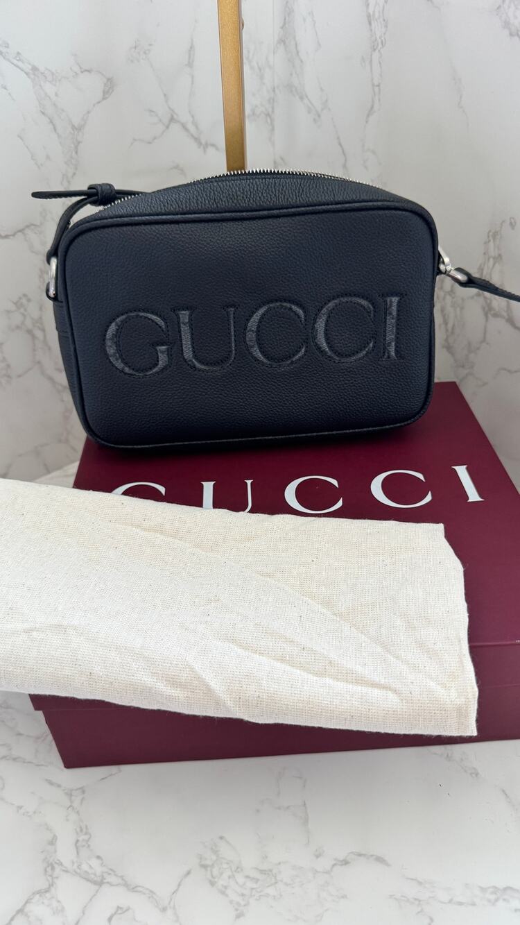 Gucci Black Leather Logo Shoulder Bag in Box!